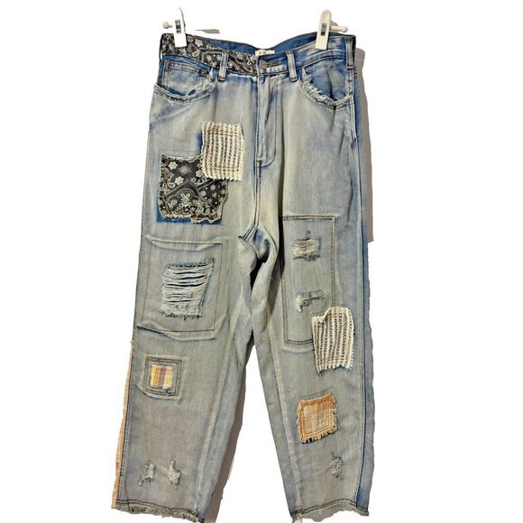 POL Womens Blue Patchwork Detail Distressed Ankle Relaxed Fit Denim Jeans Size S - Picture 6 of 11